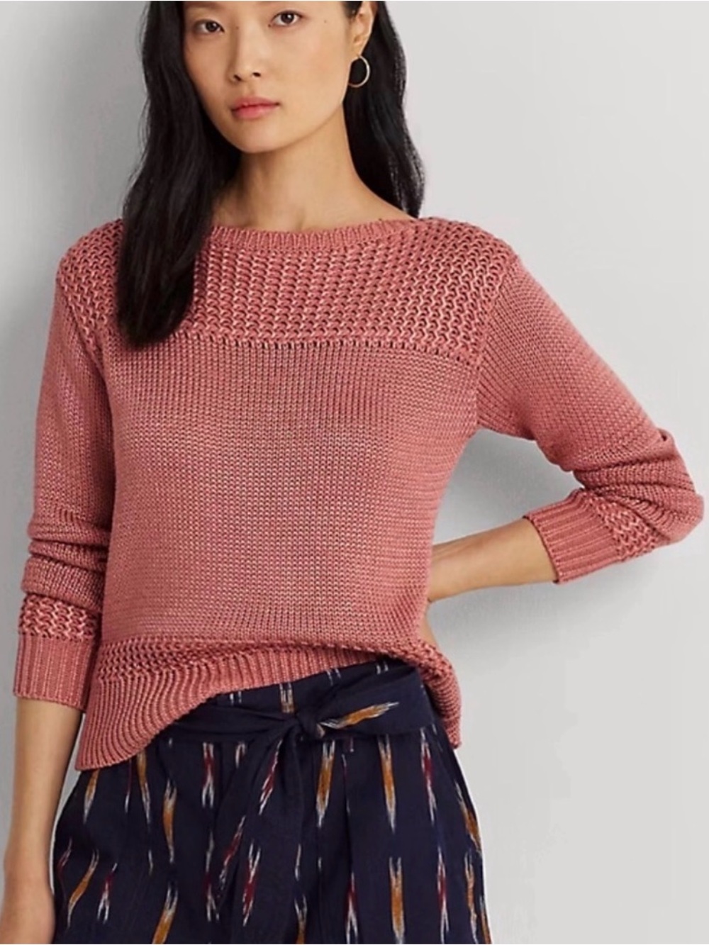 Lauren Ralph Lauren XS Pink Cotton Blend Open Knit Textured Sweater